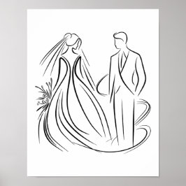 "Svart och vitt i Bride and Groom Bröllop Line Art Poster