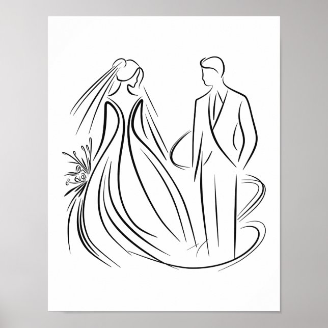 "Svart och vitt i Bride and Groom Bröllop Line Art Poster (Framsidan)