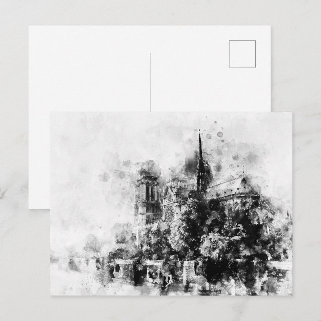 Svart och vitt Illustration Notre-Dame Cathedral Vykort (Fram/baksida)