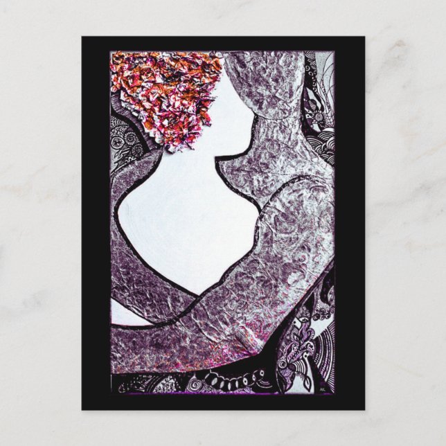 Svart och vitt, interrasistiskt par kramar tecknin vykort (Framsida)