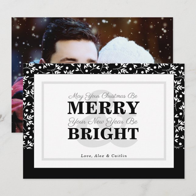 Svart och vitt julgrå fotokort julkort (Fram/baksida)