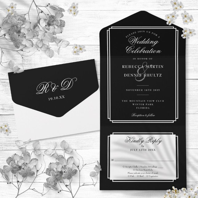 Svart Och Vitt Klassiskt Deco Monogram Bröllop (Black And White Classic Deco Monogram Wedding All In One Invitation)