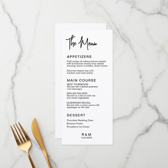 Svart och vitt klassiskt elegant bröllop meny (Fram/Back In Situ)