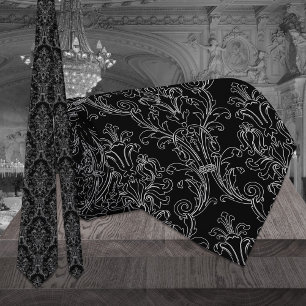 Svart och vitt konturlöv Blommigt Damask bröllop Slips