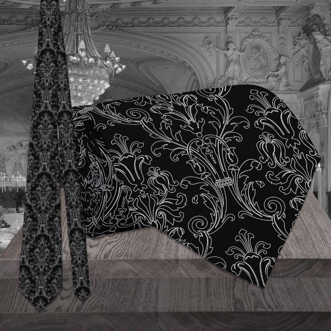 Svart och vitt konturlöv Blommigt Damask bröllop Slips (Skapare uppladdad)