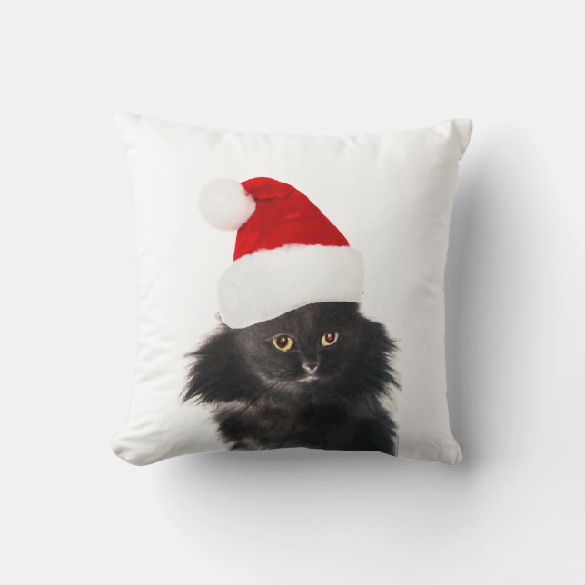 SVART OCH VITT KRISTMAS-KATT MED JULTOMTEN HAT KUDDE (Framsida)