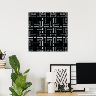 Svart och vitt linjärt blockmönster - Svart Poster