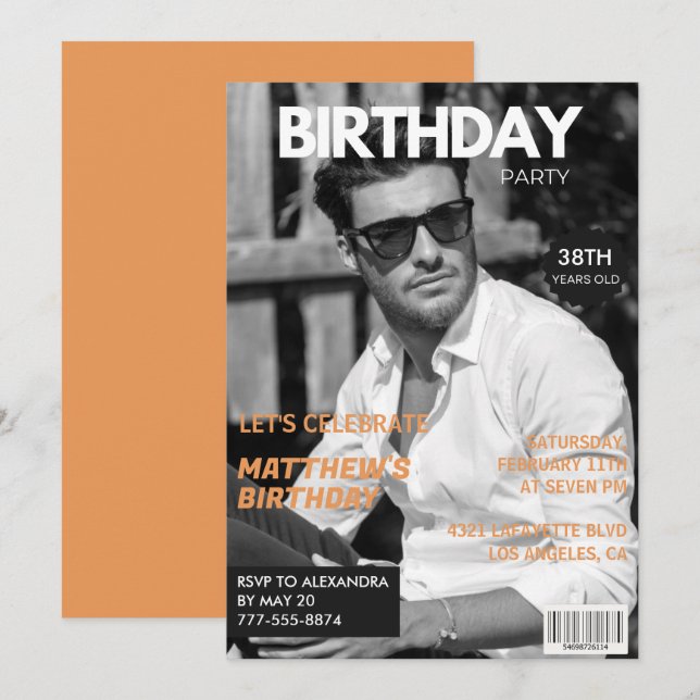 Svart och vitt Magasin Editorial 38-årsdag Inbjudningar (Fram/baksida)