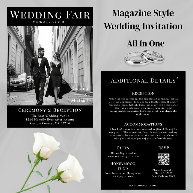 Svart och vitt magasinomslag i Bröllop Inbjudningar (Black and White Wedding Magazine Cover  Invitation All in One)