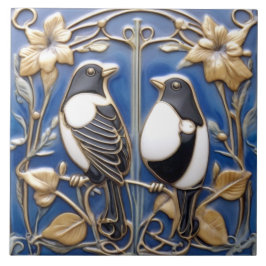 Svart och vitt Magpie Art nouveau Art Deco Birds Kakelplatta