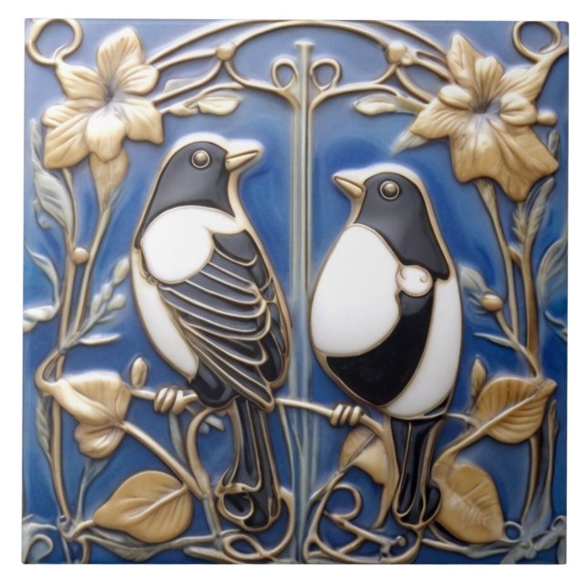 Svart och vitt Magpie Art nouveau Art Deco Birds Kakelplatta (Framsidan)