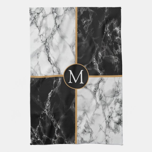 Svart och vitt marble Monogram Kitchen Towel Kökshandduk (Vertikal)