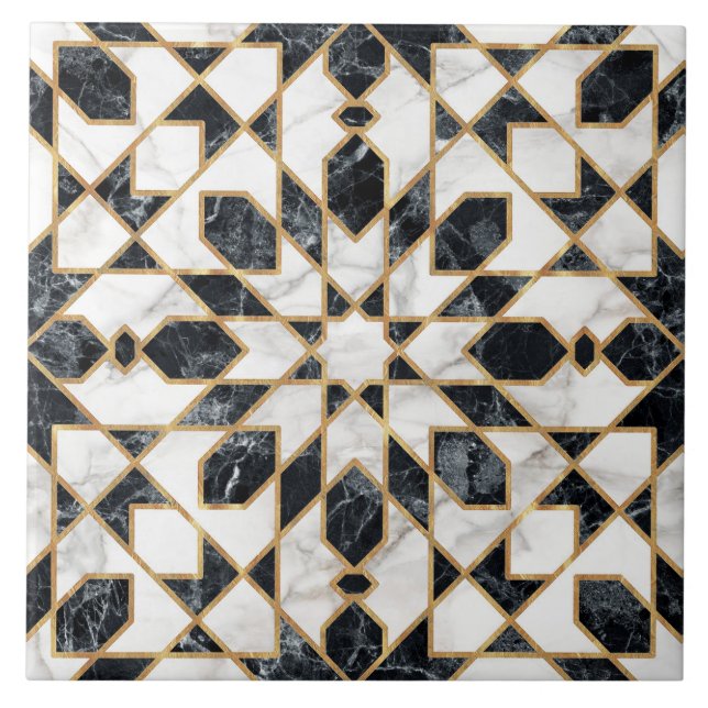 Svart och vitt marmor marockansk mosaik kakelplatta (Framsidan)