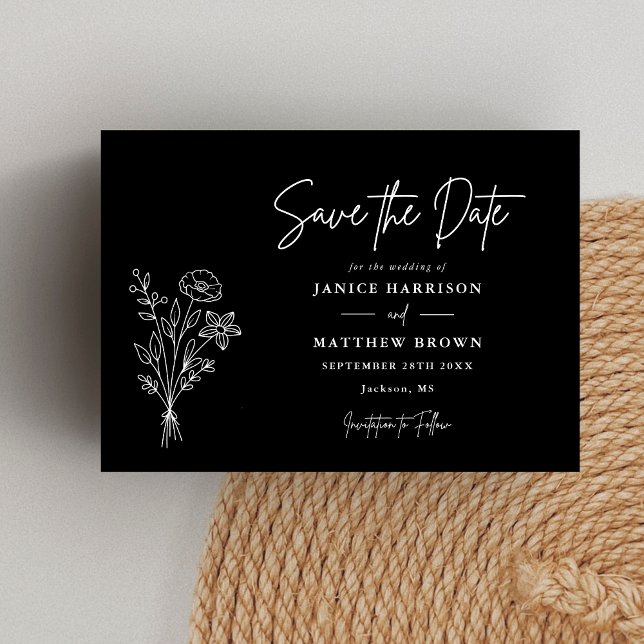 Svart och Vitt Minimalistisk Botanik Foto Bröllop Spara Datumet (Black and white botanical photo save the date adds timeless elegance while announcing your wedding.)