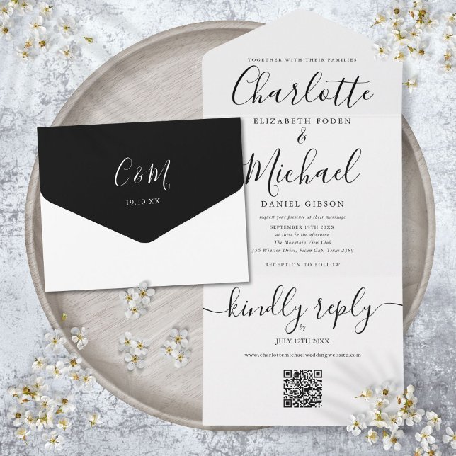 Svart och vitt minimalistisk QR-kod bröllop (QR Code Black And White Minimalist Wedding All In One Invitation)