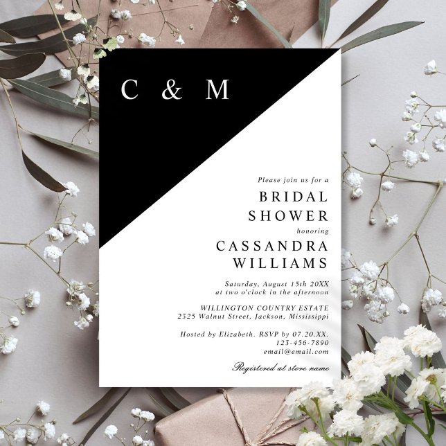 Svart Och Vitt Minimalistiskt Monogram Bröllopsfes Inbjudningar (Black And White Minimalist Monogram Bridal Shower Invitation)