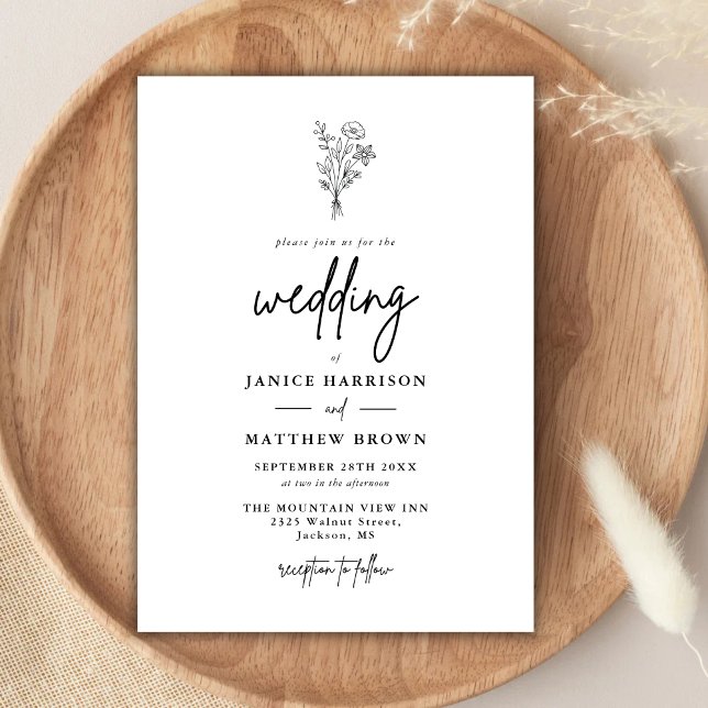 Svart och Vitt Modern Minimalistisk Botanisk Bröll Inbjudningar (Black white modern botanical invitation creates a sleek, elegant feel for your wedding announcement)