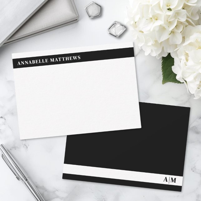 Svart Och Vitt Modern Minimalistisk Monogram Anteckningskort (Black And White Modern Minimalist Monogram Note Card)