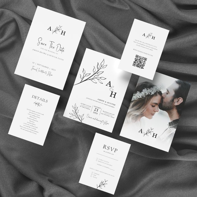 Svart och vitt Modern Monogram-foto Inbjudningar (Skapare uppladdad)