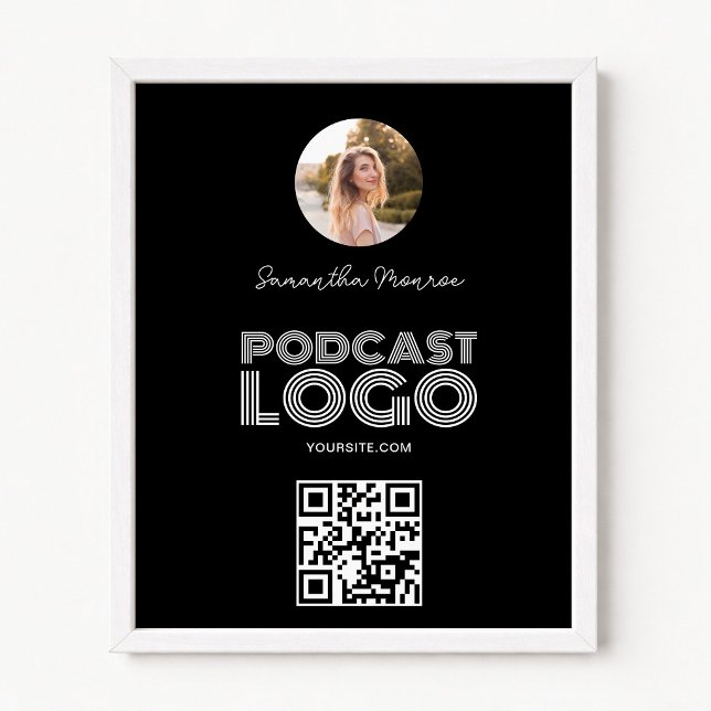 Svart och Vitt Modern Poddlogotyp QR-kod Poster (Black and White Modern Podcast Logo QR Code Poster)