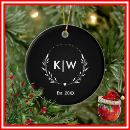 Svart och Vitt | Moderna Initialer Monogram Julgransprydnad Keramik