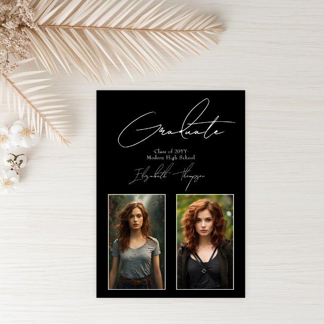 Svart och Vitt Modernt Examensfoto i Kraftig Stil Inbjudningar (Bold Black and White Modern Graduation Photo Invitation)