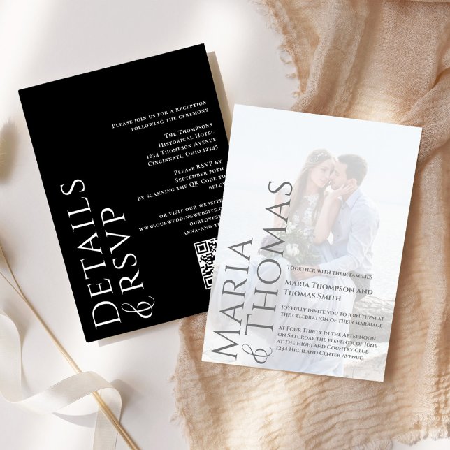 Svart och vitt modernt foto - enkel minimalistisk inbjudningar (Simple black and white modern style Wedding invitation)
