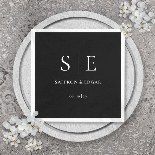 Svart Och Vitt Modernt Monogram Bröllop Pappersservett (Black And White Modern Monogram Wedding Napkins)
