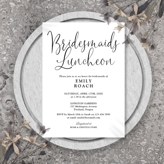 Svart och vitt, modernt skript Bridesmaids Luncheo Inbjudningar (Black And White Modern Script Bridesmaids Luncheon Invitation)
