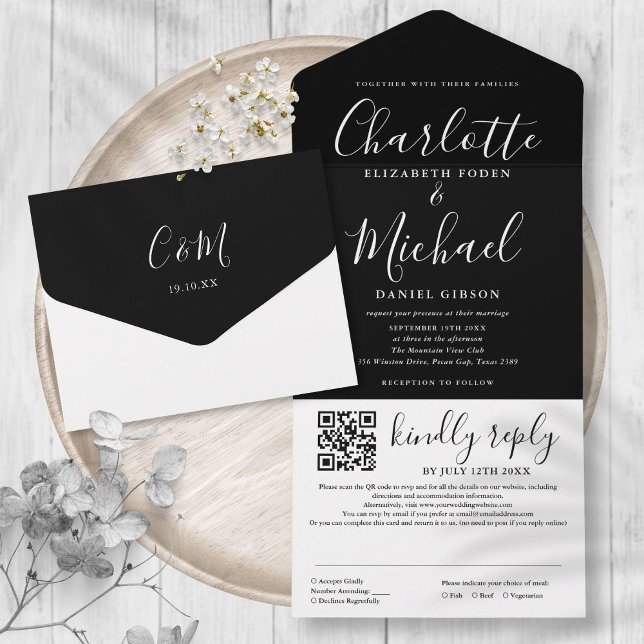 Svart och vitt modernt skript QR-kod bröllop (Black And White Modern Script QR Code Wedding All In One Invitation)