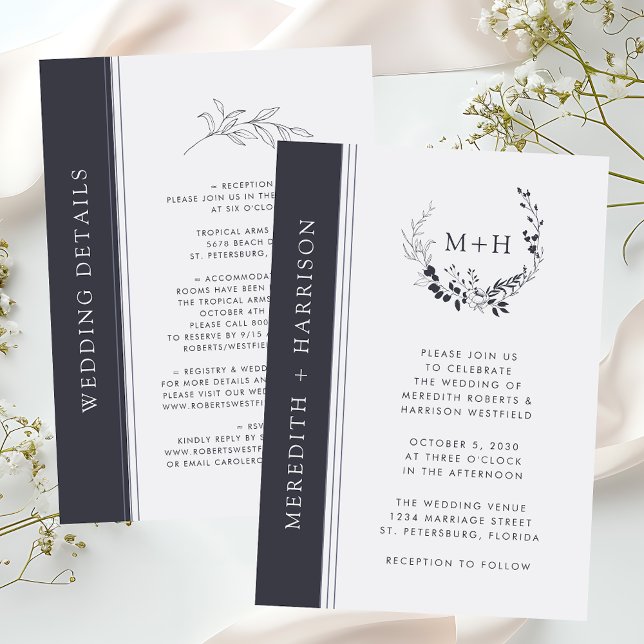 Svart och Vitt Monogram Bröllopsinbjudan på Budget (Budget Monogram Wreath Black and White All in One Details on Back Wedding Invitation)