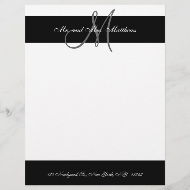 Svart och vitt monogram Letterhead för Newlyweds Brevhuvud (Framsida)
