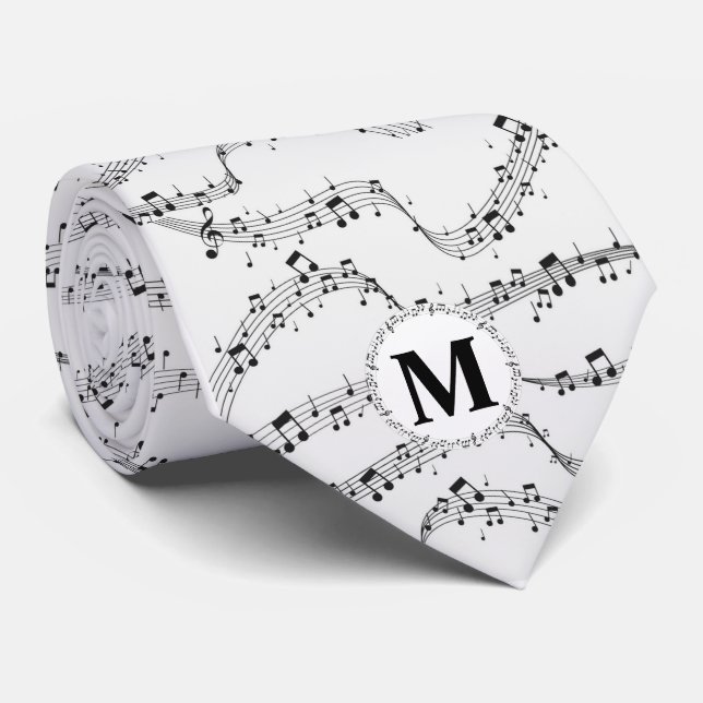 Svart och vitt musikaliskt monogram slips (Rullad)