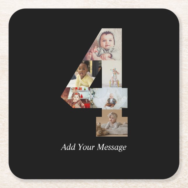 Svart och vitt nummer 4 fotokollage underlägg papper kvadrat (Framsidan)