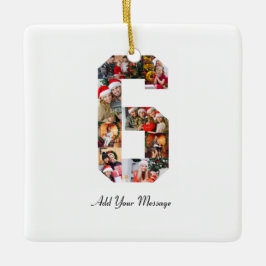 Svart och vitt nummer 6 fotokollage julgransprydnad keramik