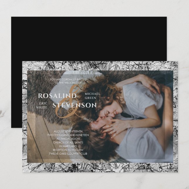 Svart och vitt orange Struktur Photo Bröllop Inbjudningar (Fram/baksida)