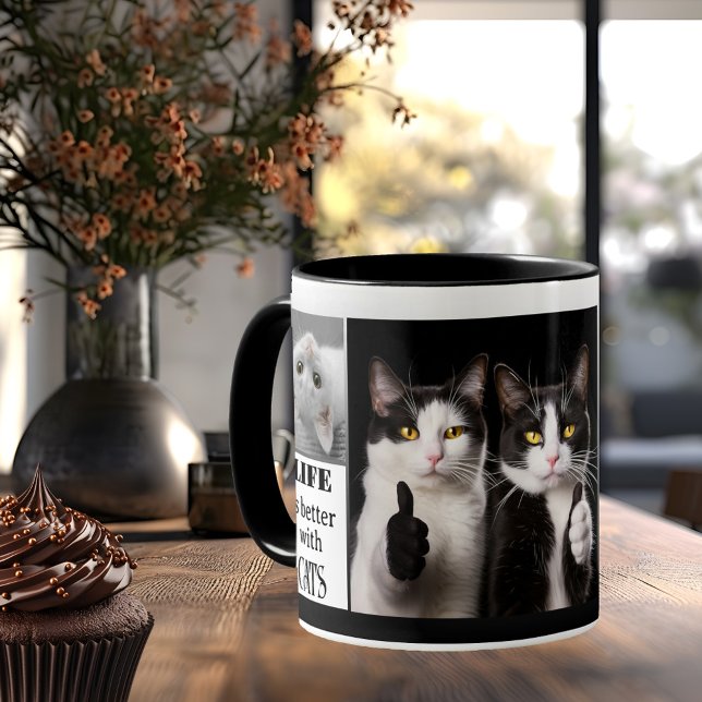 Svart och vitt övertäckt foto kaffemugg (Template mug for 4 of your custom photos (or cat images) on a black and white design - cat lover)