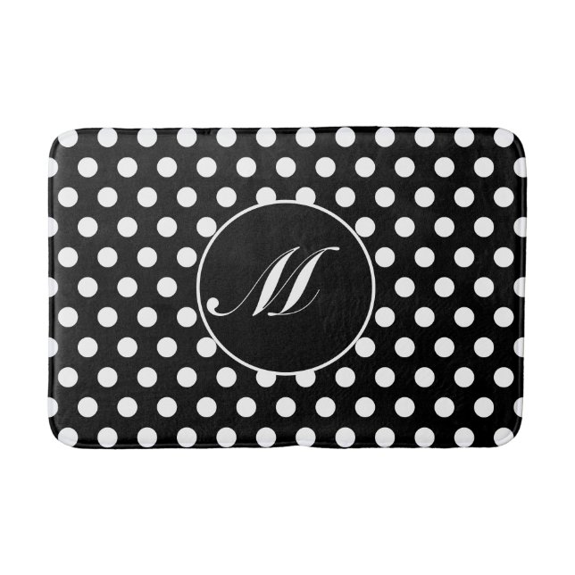 Svart och vitt polka Dot Round Monogram Bath Mat Badrumsmatta (Framsidan)