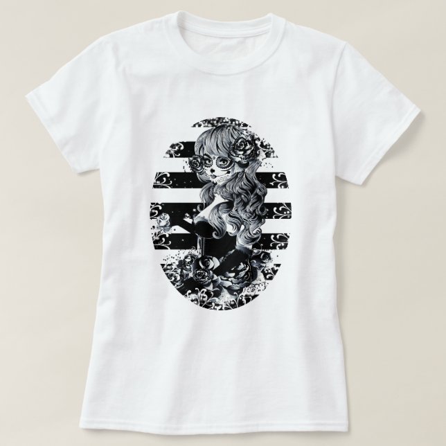 Svart och vitt Rand-Day of the dead-socker Skull T Shirt (Design framsida)