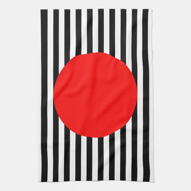 Svart och vitt rand med röd monogramcirkel kökshandduk (Vertikal)