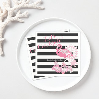 Svart och vitt Rand Rosa Flamingo Birthday Pappersservett