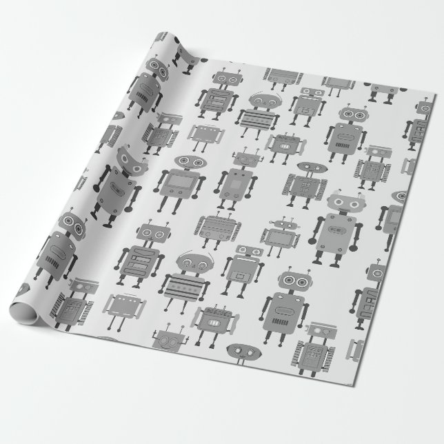 Svart och vitt Retro Robotar Presentpapper (Utrullad)