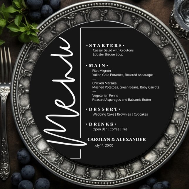 Svart och vitt runt med elegant stil meny (Chic Black and White Round Menus)