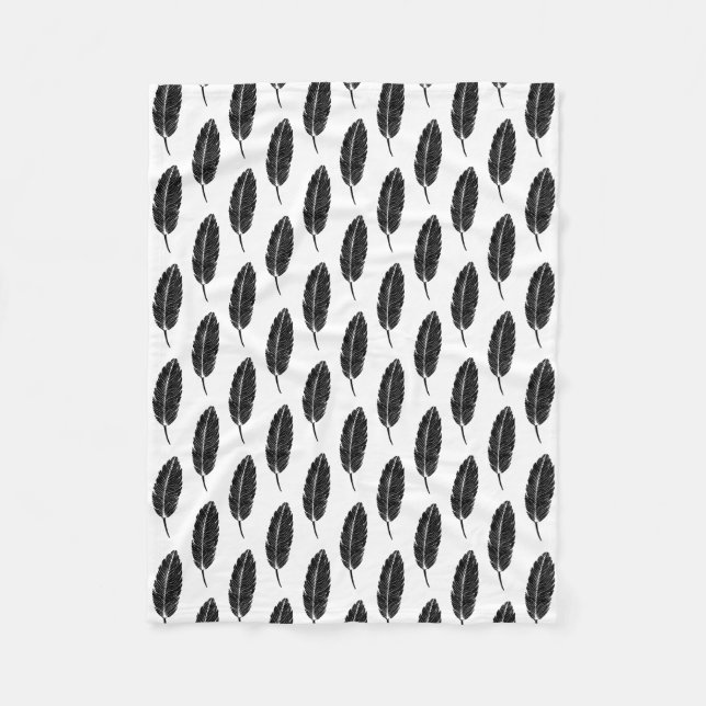 Svart och vitt, Rustic Feather Linocut Fleecefilt (Framsidan)