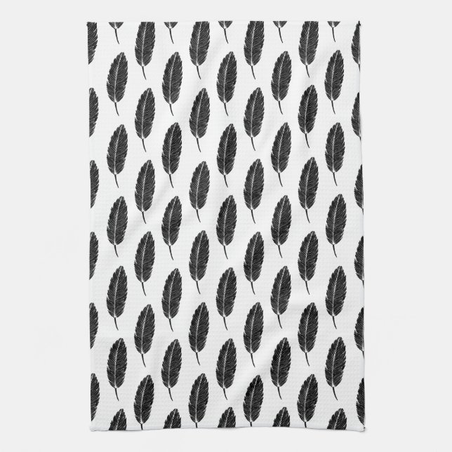 Svart och vitt, Rustic Feather Linocut Kökshandduk (Vertikal)