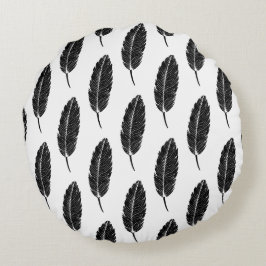 Svart och vitt, Rustic Feather Linocut Rund Kudde