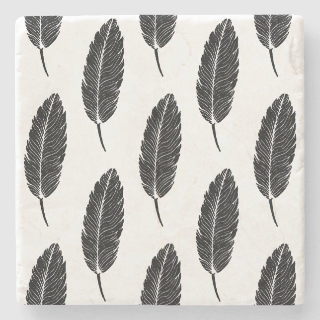 Svart och vitt, Rustic Feather Linocut Stenunderlägg (Framsidan)