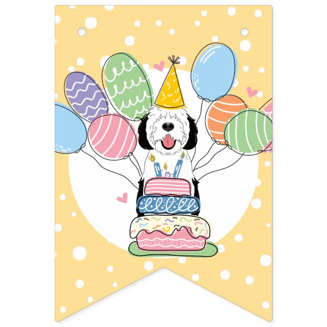 Svart och vitt Sheepadoodle-Födelsedagsfest Vimplar (Sjunde flaggan)