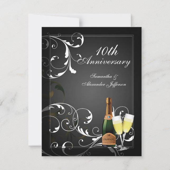Svart och Vitt Silver Champagne Jubileumsfest Inbjudningar (Framsida)