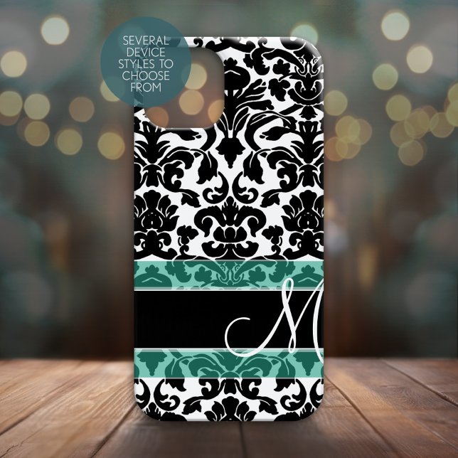 Svart och vitt skademönster med Monogram (Personalized Phone Case - Many Device Styles to Choose From)